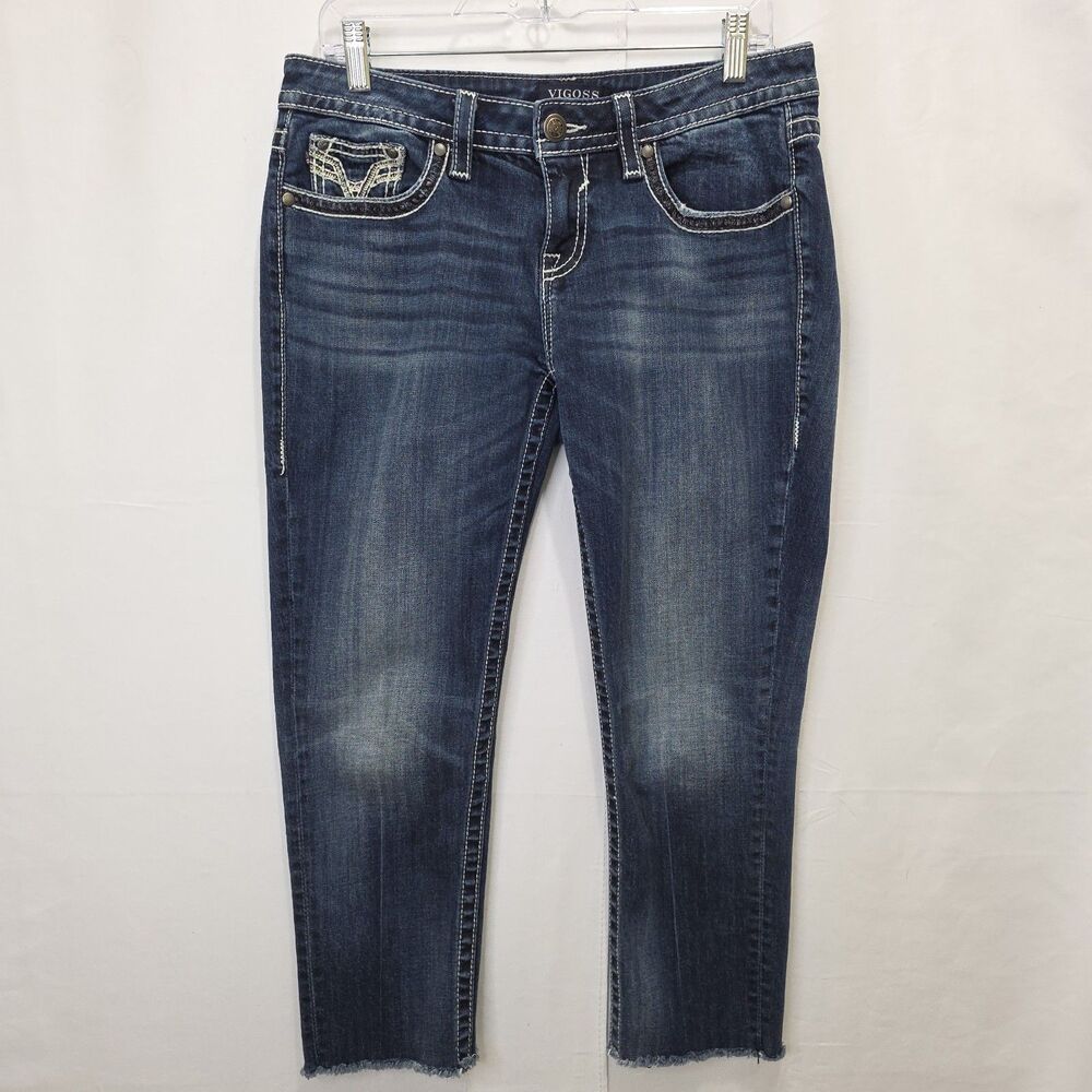 Vigoss Chelsea Capri Jeans Denim Sz 7/8 Stretch Distressed Raw Freyed Hem Casual